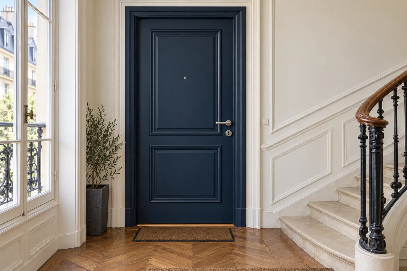 Porte d'entrée blindée à moulures, finition bleu nuit, sur le palier d'un immeuble ancien de Saint-Germain-en-Laye (78100)